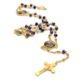 QIGO Crystal Rosary Necklace For Women Long Gold Cross Pendant Religious Jewelry (Color: Blue)